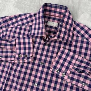 Eton Contemporary Check Dress Shirt Pink Blue Cotton Size 15.5 40 swedish Casual